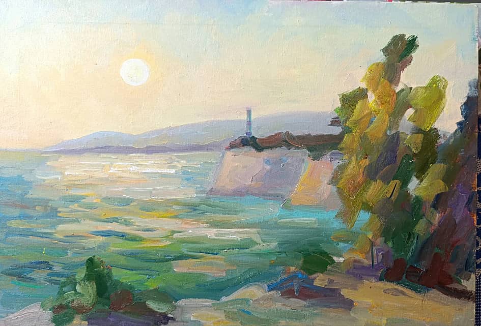Маяк и солнце. Пленэр ZhNataly  Холст на подрамнике, питерские масляные краски, 40х60. 2025.  Пробуж