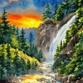 Картина "Вечер у лесного водопада"