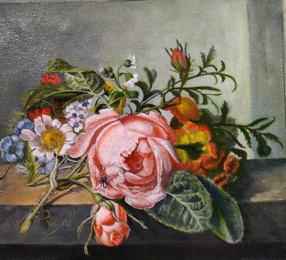 Копия картины Рейчел Рюйш "Ветка розы с жуком и пчелой"