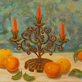 Натюрморт с подсвечником и апельсинами.