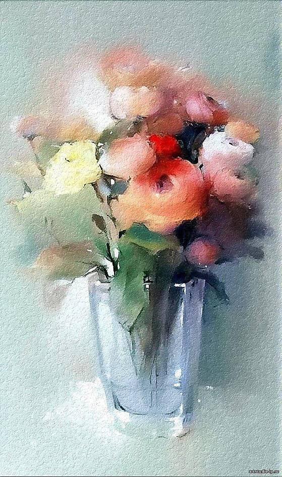 Утренние цветы. Акварель.