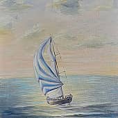 Яхта с полосатым парусом, морской пейзаж ZhNataly.  Лимонное небо и серые тучи