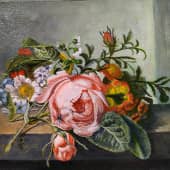 Копия картины Рейчел Рюйш "Ветка розы с жуком и пчелой", художник Илья Александрович Иванов