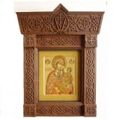 Икона Богородица Шуйская в резном киоте из массива вишни ручной работы.