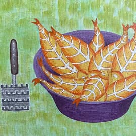 Натюрморт с золотой рыбой в блюде, ножом и рыбочисткой