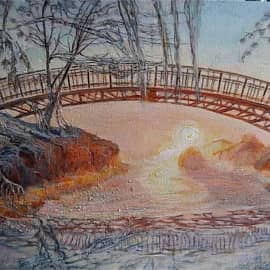 Рассвет под мостом. Морозное утро. Живопись ZhNataly