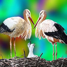 Аисты с двумя птенцами