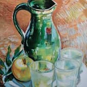 Зеленый кувшин, яблоко, стаканы. (1), художник Наталья