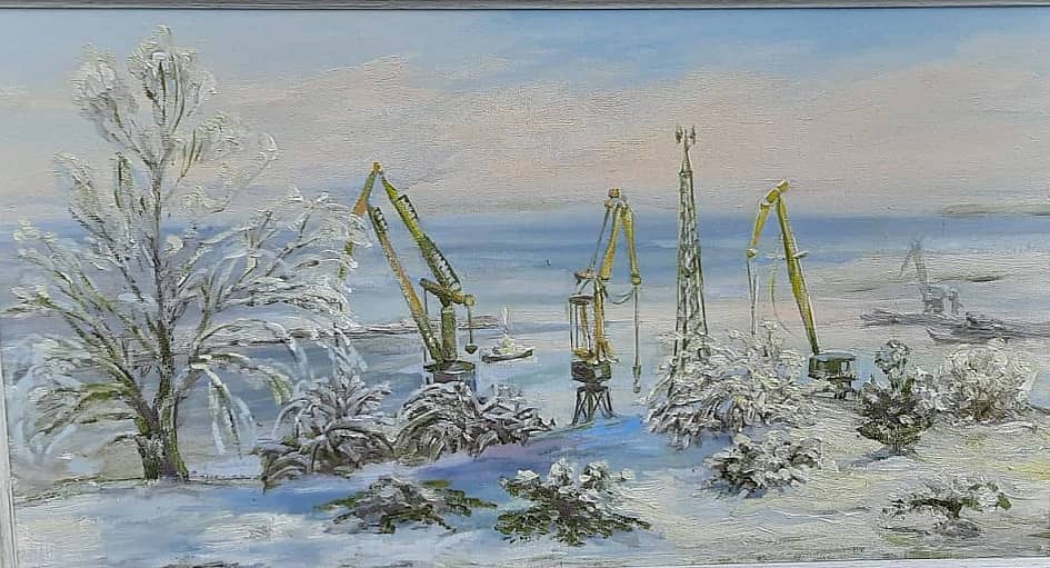 Зима в порту. Пленэрная живопись ZhNataly. Картина из серии "Портовые зарисовки"
