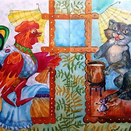 Сказка " Кот, петух и лиса". Иллюстрация.