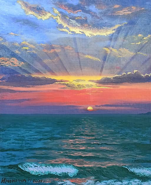 Морской закат с солнечными лучами