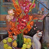 Айка и красные гладиолусы.