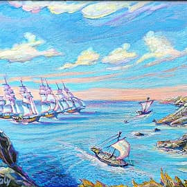 Флотилия у берега. День и ночь. Проект светофизика в живописи ZhNataly. Светящаяся картина.