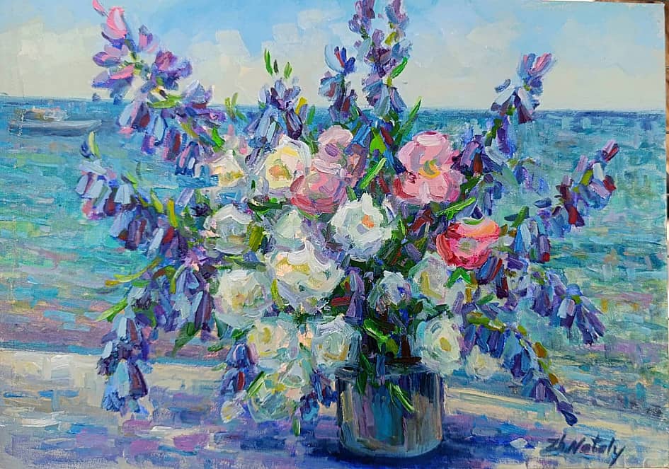 Колокольчики и розы у берега моря. Серия натюрморт под открытым небом. ZhNataly