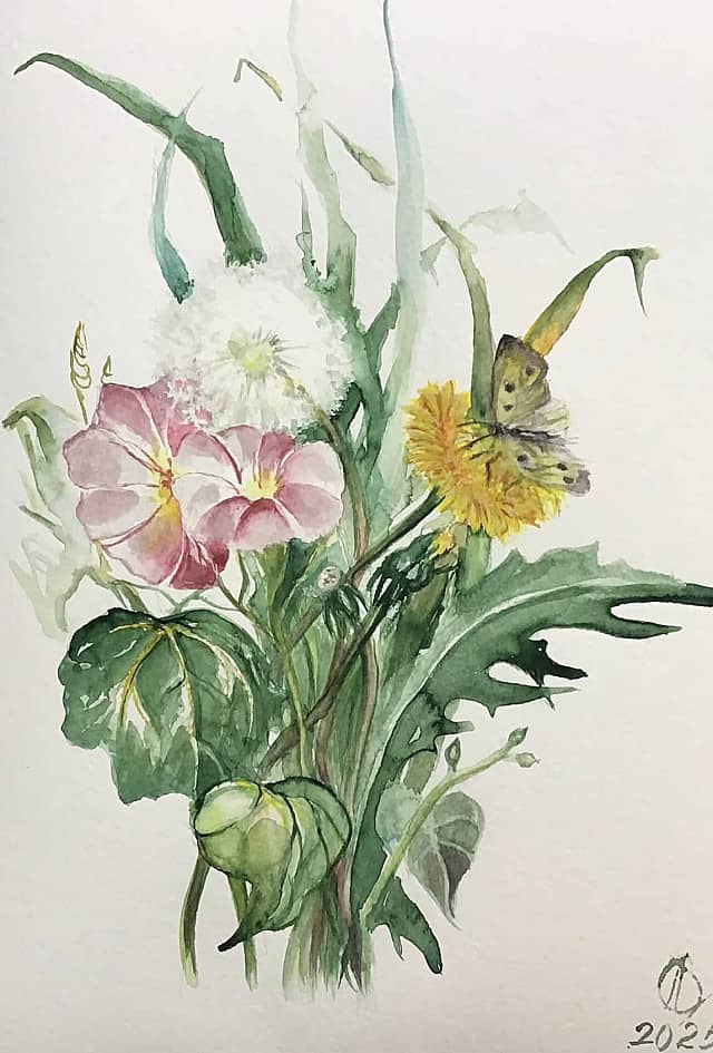Акварель Букет с бабочкой