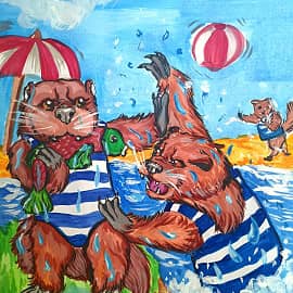 Выдра у выдры норовит вырвать рыбу