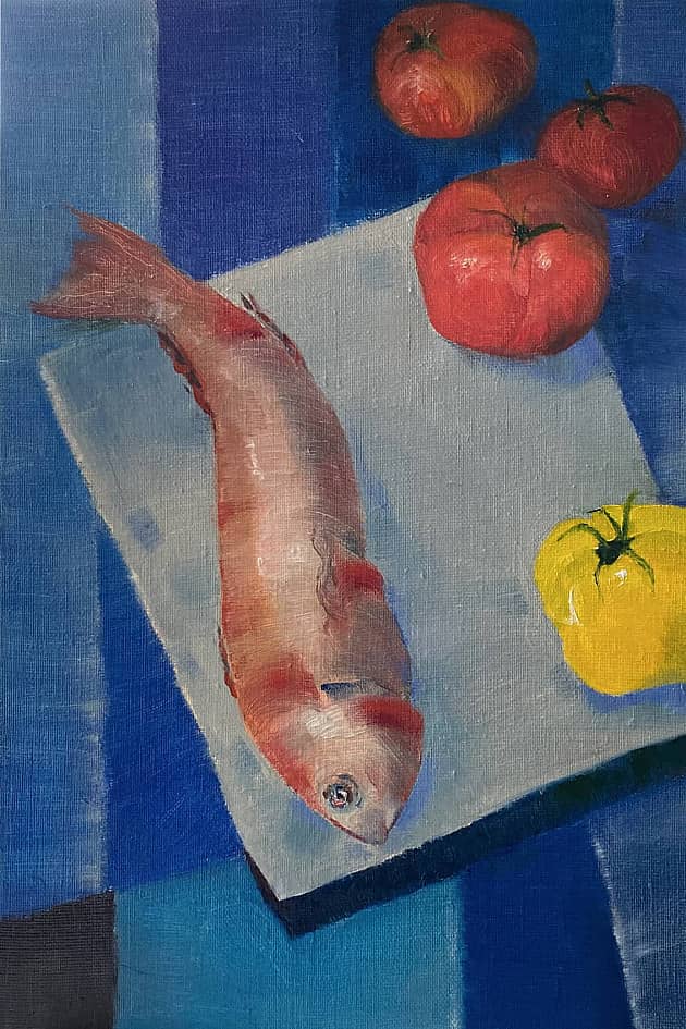 Натюрморт с рыбой и томатами