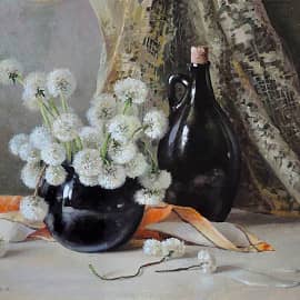 Одуванчики в чёрной вазе