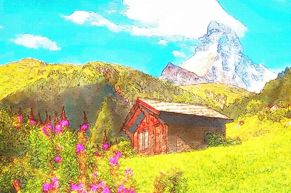 Домик на фоне гор.