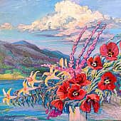 Маки, лилии, облако над морем, горы, набережная, Геленджик. Серия натюрморт под открытым небом