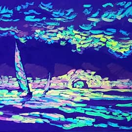 День и ночь. Ночь. Яхта в море на закате. Проект "светофизика в живописи"  ZhNataly