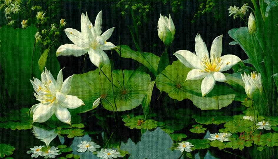 Белые лилии на пруду