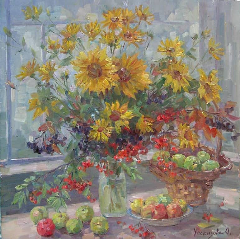 Натюрморт с подсолнухами на веранде