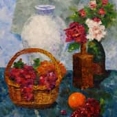 Натюрморт с фруктовой корзинкой и розами
