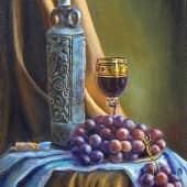 Натюрморт с бокалом вина и виноградом