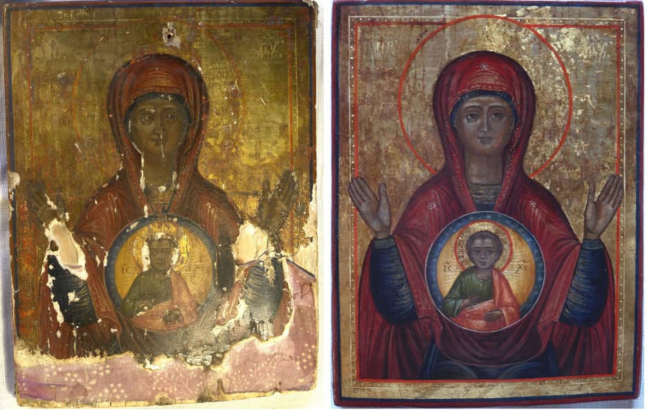 Реставрация иконы Богородицы Знамение 19 век.