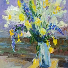 Полевые цветы на этюднике  у реки. Серия натюрморт под открытым небом. Пленэр ZhNataly