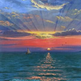 Морской закат с солнечными лучами.