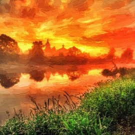 На фоне заката.