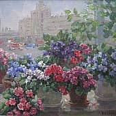 Цветущие фиалки. Вид из окна на Наличный мост