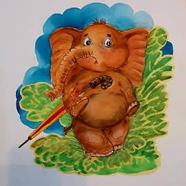 Слоник и зонтик. Иллюстрация.