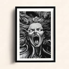 Горгона экспрессивный женский портрет, ярость в графике