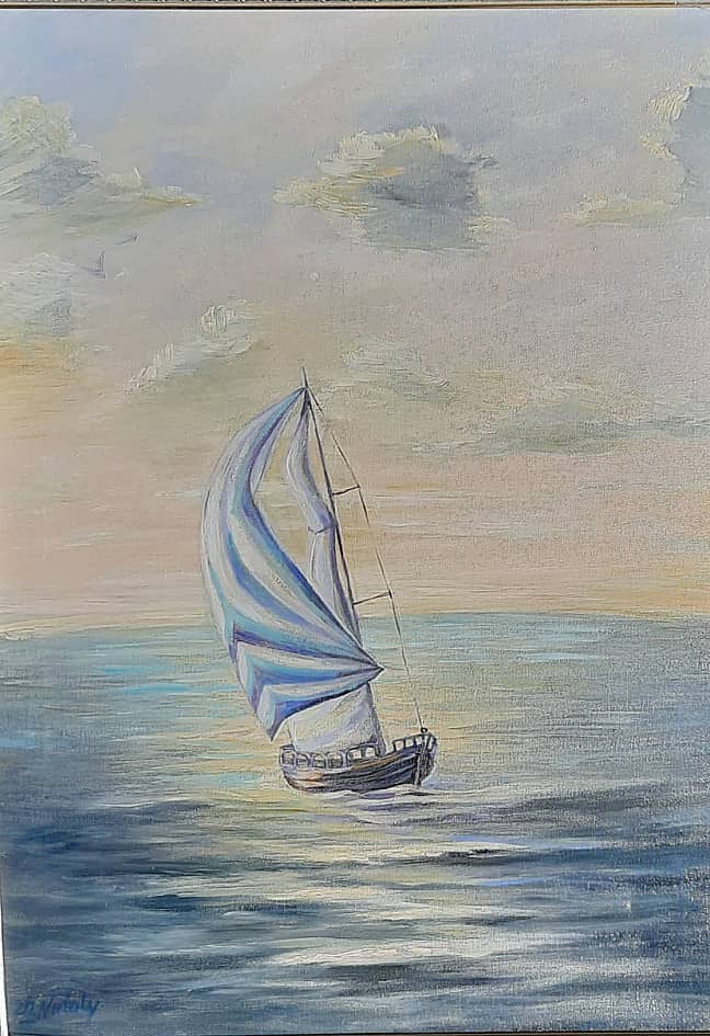Яхта с полосатым парусом, морской пейзаж ZhNataly.  Лимонное небо и серые тучи