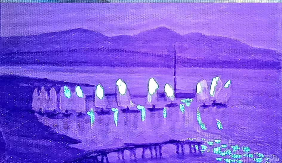 Швертботы Оптимист в яхт-клубе. День и ночь. Серия Яхт-клуб. Светофизика в живописи ZhNataly