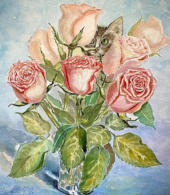 Котёнок и розы