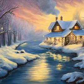 Сказочный домик у зимней реки