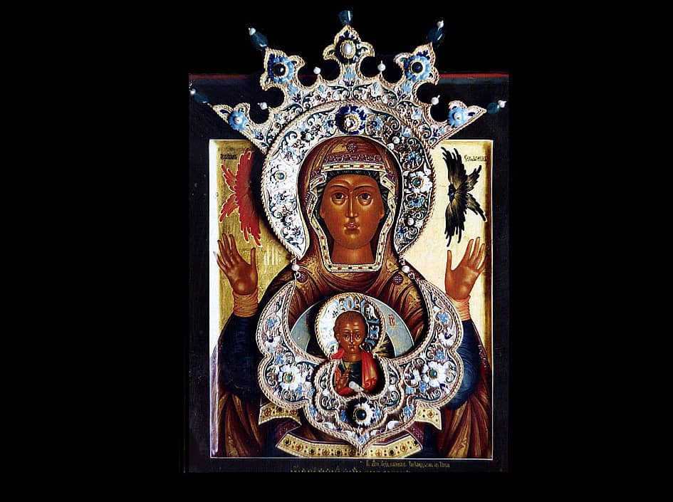 Икона Богородицы Знамение в драгоценном венце и цате. Московская Иконописная Мастерская