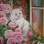 Котик в цветах. Жду хозяйку с вкусняшкой.