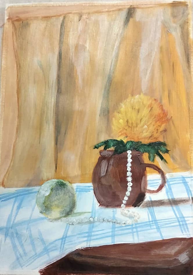 Натюрморт с хризантемой и яблоком